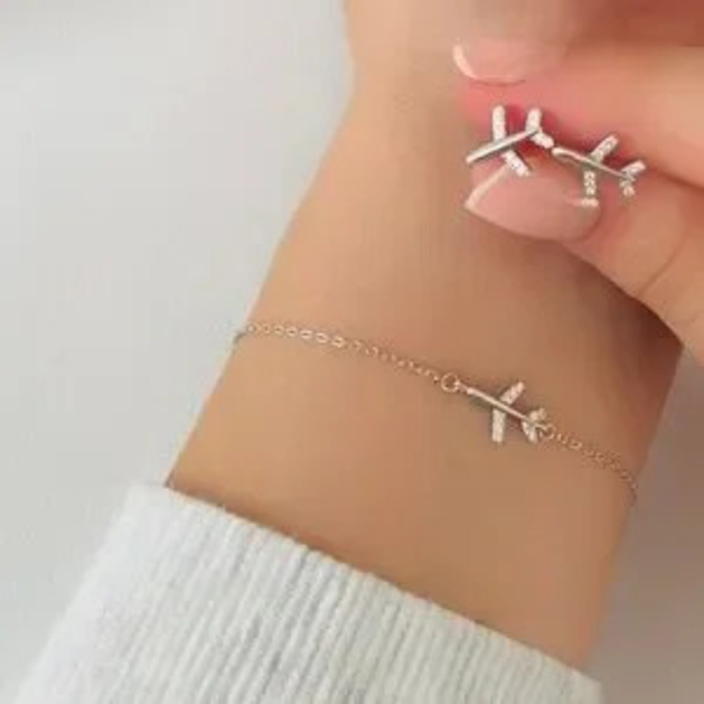 925 Sterling Silver Airplane Stud Earrings and Bracelet set